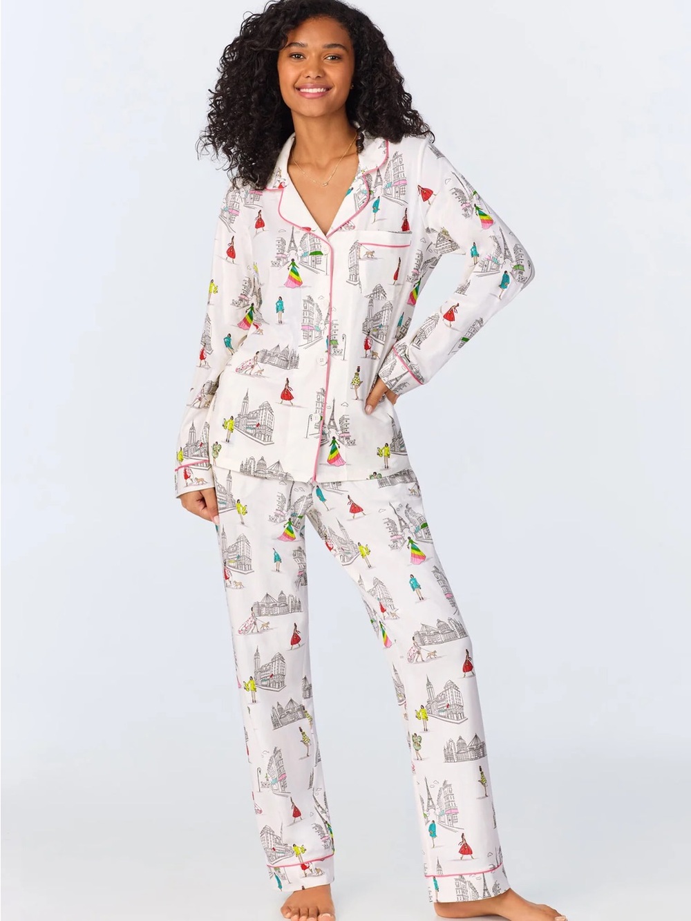 BedHead White Cityscape Print Long Pajama Set with Multicolor Accents